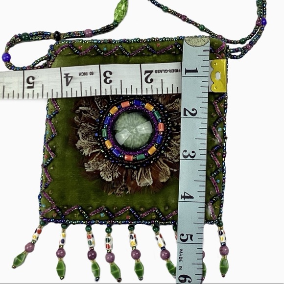 Velveteen Boho Mini Purse in Green has Feathers, Beaded Fringe and Strap. - Picture 5 of 7